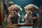 Puppies dressed as scientists doing experiment in a lab, created with Generative AI technology