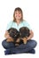 Puppies german shepherd and woman