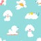 Puppies Seamless pattern . Funny white little poodle dogs in a daily routine. Vector illustration