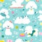 Puppies Seamless pattern . Funny white little poodle dogs in a daily routine. Vector illustration on a blue background