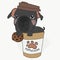 Puppuchino black bull dog in coffee cup and carry chocolate chips cookie in hand cartoon watercolour painting