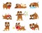 Puppy activity set. Cartoon dog set. Dogs tricks icons and action training digging dirt eating pet food jumping wiggle