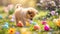 Puppy Amongst Colorful Easter Eggs in Garden