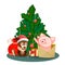 A puppy, a bag, gifts and pig jumping out of an envelope to decorate the fir branches in front of the christmas tree.