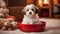 puppy in a basket A charming Havanese puppy dog cozily nestled in a red bowl filled with plush toys