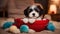 puppy in a basket A charming Havanese puppy dog cozily nestled in a red bowl filled with plush toys instead of dog food