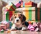 Puppy Beagle Lying Near Damaged Colorful Gift Boxes