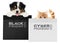 Puppy dog and cat pets together showing  black and silver shopping bags with black friday and cyber monday text isolated on white