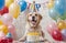 Puppy dog with party hat celebrating a birthday party with a cake on a backdrop of decorated balloons
