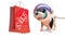 Puppy dog in spacesuit looking at a shopping bag with sale written on it, 3d illustration