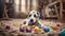 puppy with easter eggs A playful Dalmatian puppy wearing bunny ears, sitting amidst a comical mess of spilled eggs