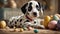 puppy with eggs A humorous Dalmatian puppy , looking proudly at a series of Easter egg