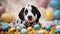 puppy with eggs A playful Dalmatian puppy , sitting amidst a comical mess of Easter eggs