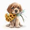 Puppy with flowers bouquet