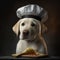 puppy golden retriever dressed with clothes. Dog in the kithen dressed as chef