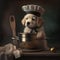 puppy golden retriever dressed with clothes. Dog in the kithen dressed as chef