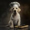 puppy golden retriever dressed with clothes. Dog in the kithen dressed as chef