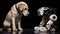 puppy looks to robot. High technology concept of future domestic animals in electronic home. Indoors