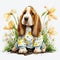 Puppy Love: Cute Basset Hound in Pajamas Sniffing Out Spring Flowers in the Garden AI Generated