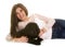 Puppy newfoundland dog and teen