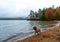 Puppy Plays at Lake in Autumn