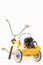 Puppy portrait Jack Russell Terrier in the back of a yellow tricycle on a white background