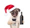 Puppy in red santa hat holding a bottle of red wine and wineglass. isolated on white background