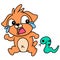 The puppy runs scared crying being chased by the snake, doodle icon image kawaii