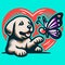 Puppy\\\'s playful interaction with butterfly amidst hearts