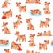 Puppy seamless pattern vector illustration, cartoon flat cute happy little dog walking, funny pet eating bone food from