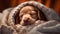 The puppy sleeps covered with a blanket. Generative AI.