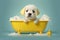 Puppy taking a bath in a bathtub with foam created with Generative AI technology