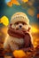 A puppy wearing a hat and scarf sits in a fall forest. AI Generated