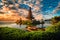 Pura Ulun Danu Bratan, Hindu temple with boat on Bratan lake landscape at sunrise in Bali, Indonesia