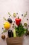 Purchase healthy food for home cooking . Shopping paper bag with vegetables overhead view