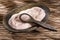 Pure himalayan sea salt in the wooden bowl