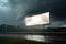 Pure joy radiating from public spaces after a soccer victory during a lighting storm. Blank empty billboard mock up. AI