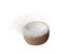 Pure refined Sugar in wooden bowl flying spinning, white crystal sugar fall abstract fly. Pure refined sugar swirl in air, food