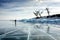 Pure transparent ice hummocks of frozen lake in winter