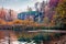 Pure water lake and waterfall in Plitvice National Park. Astonishing autumn landscape of Croatia, Europe. Picturesque outdoor scen