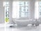 Pure white bathroom interior with separate bathtub