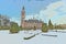 Pure white snow falling on the Peace Palace illustration