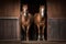 Purebred anglo-arabian chestnut horses standing at the barn door, AI generated