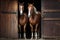 Purebred anglo-arabian chestnut horses standing at the barn door, AI generated