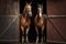 Purebred anglo-arabian chestnut horses standing at the barn door, AI generated