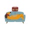 Purebred Brown Dachshund Dog Lying on Sofa and Listening Music with Headphones, Funny Playful Pet Animal Cartoon