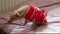 A purebred miniature pinscher in a red Christmas sweater sits on the bed