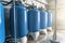 Purified drinking water factory or plant, large iron tanks and water purification filters and automation filtration