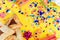 Purim background with party costume and hamantaschen cookies