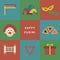 Purim holiday flat design icons set with text in english